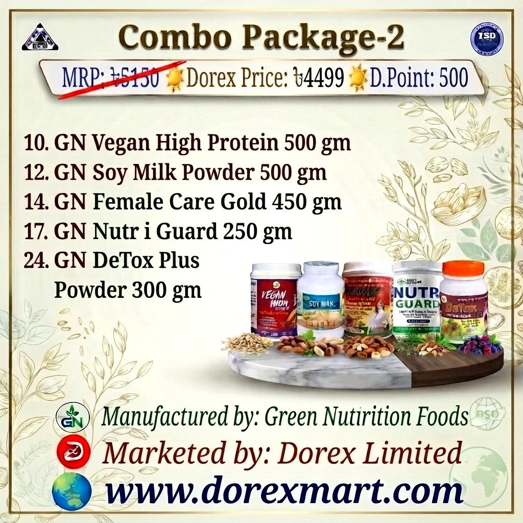 🔴C-2️⃣ 🟢10. GN Vegan Heigh Protein 500 gm 🟢12. GN Soya Milk Powder 500 gm 🟢14. GN Female Care Gold 450 gm 🟢 17. GN Nutri Guard 250 gm 🟢24. GN Detox Plus Powder 300 gm ☀️MRP: ৳5150 ☀️Dorex Price: ৳4499 ☀️D.Point: 500