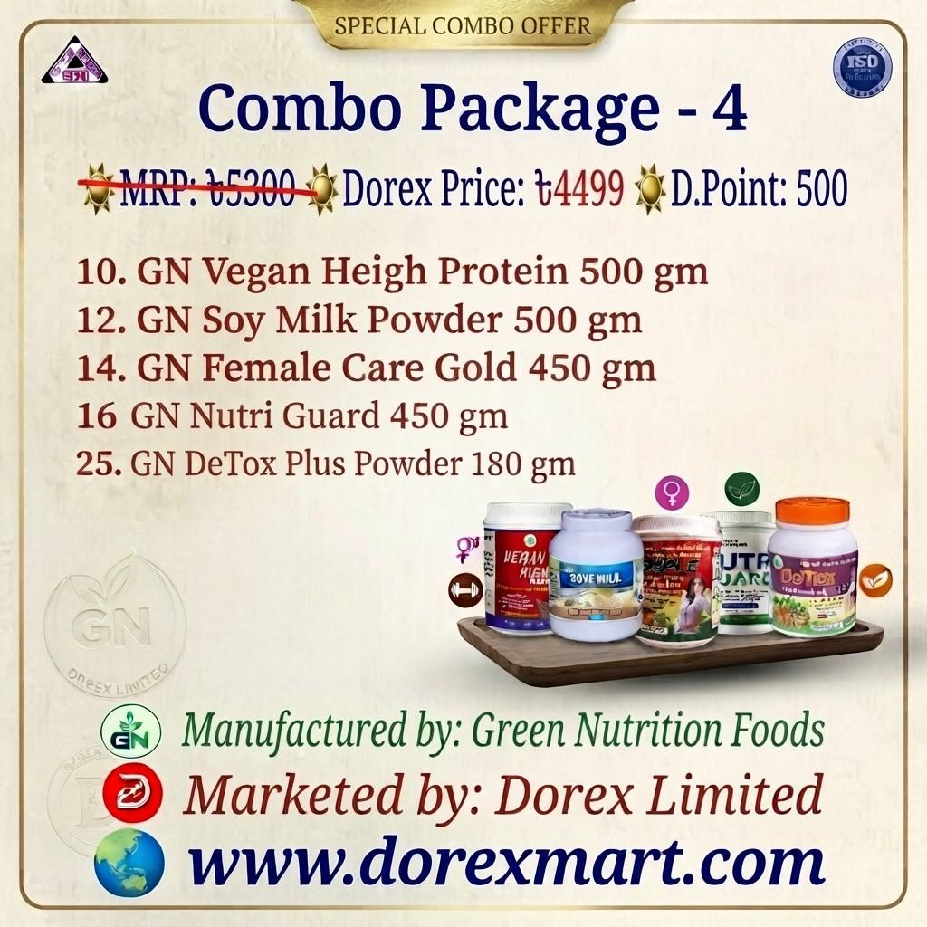 🔴C-4️⃣  🟢 10. GN Vegan Heigh Protein 500 gm 🟢12. GN Soya Milk Powder 500 gm 🟢14. GN Female Care Gold 450 gm 🟢 16. GN Nutri Guard 450 gm 🟢25. GN DeTox Plus 180 gm ☀️MRP: ৳5300 ☀️Dorex Price: ৳4499 ☀️D.Point: 500