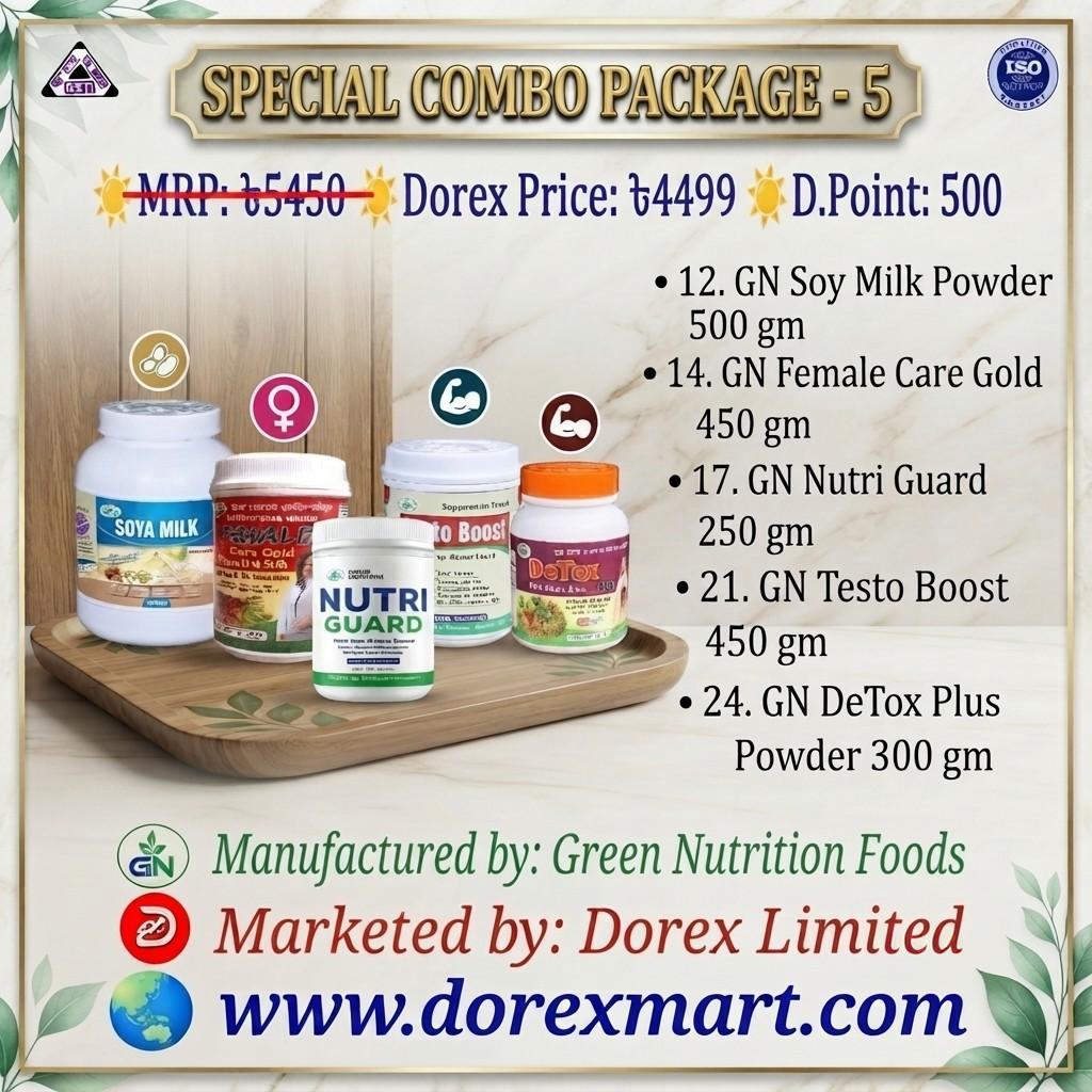 🔴C-5️⃣  🟢12. GN Soya Milk Powder 500 gm 🟢14. GN Female Care Gold 450 gm 🟢 17. GN Nutri Guard 250 gm 🟢21. GN Testo Boost 450 gm 🟢24. GN DeTox Plus 300 gm ☀️MRP: ৳5450 ☀️Dorex Price: ৳4499 ☀️D.Point: 500