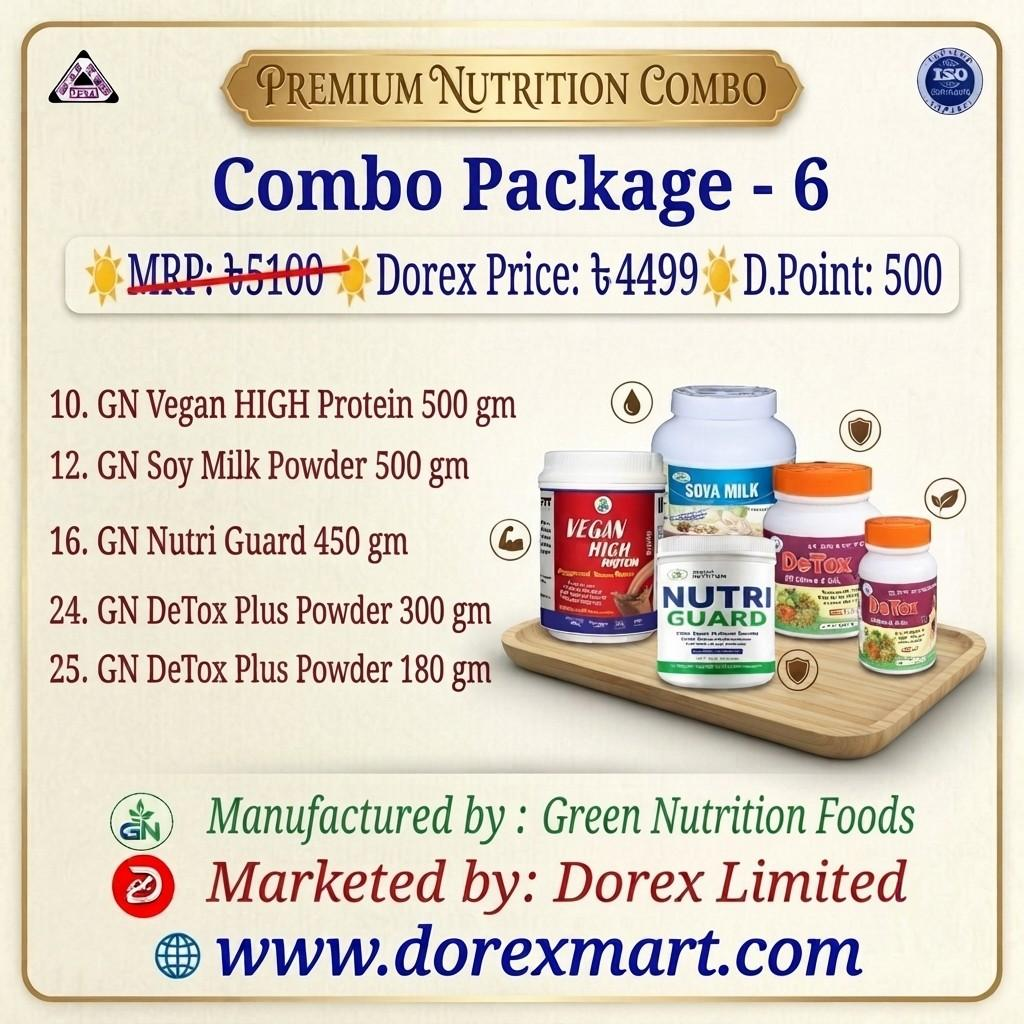 🔴C-6️⃣ 🟢 10. GN Vegan Heigh Protein 500 gm 🟢12. GN Soya Milk Powder 500 gm  🟢 16. GN Nutri Guard 450 gm 🟢16. GN Nutri Guard 450 gm 🟢24. GN DeTox Plus 300 mg 🟢25. GN DeTox Plus 180 gm ☀️MRP: ৳5100 ☀️Dorex Price: ৳4499 ☀️D.Point: 500
