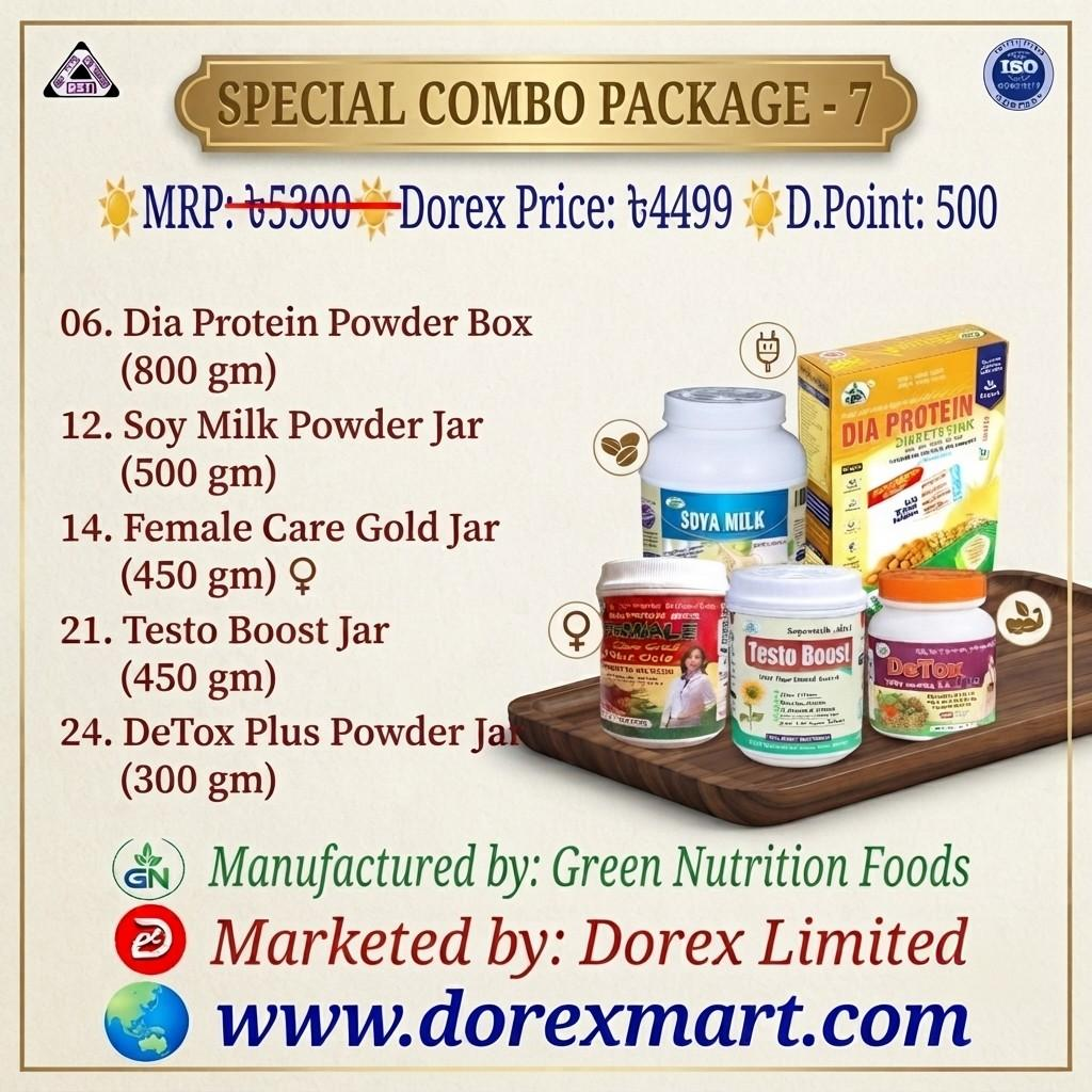 🔴C-7️⃣ 🟢06. GN Dia Protein 800 gm  🟢12. GN Soya Milk Powder 500 gm 🟢14. GN Female Care Gold 450 gm 🟢21. GN Testo Boost 450 gm 🟢24. GN DeTox Plus 300 gm ☀️MRP: ৳5300 ☀️Dorex Price: ৳4499 ☀️D.Point: 500