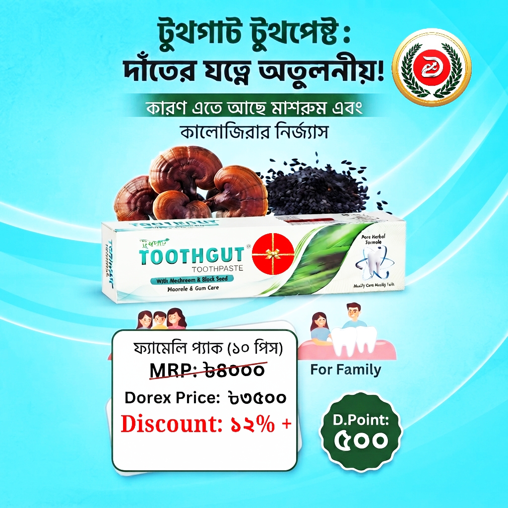 Toothgut Toothpaste (150 gm) ☀️ 10 Pcs ☀️ MRP: ৳4000 ☀️ Discount: 12% + ☀️ Dorex Price: ৳3500 ☀️ D.Point: 500